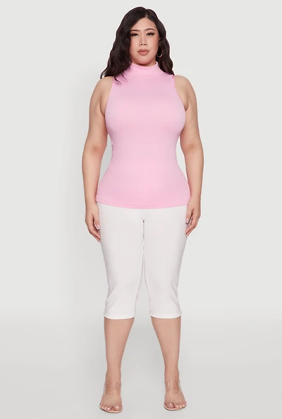 Womens Plus Seamless Mock Neck Rib Knit Tank Top,