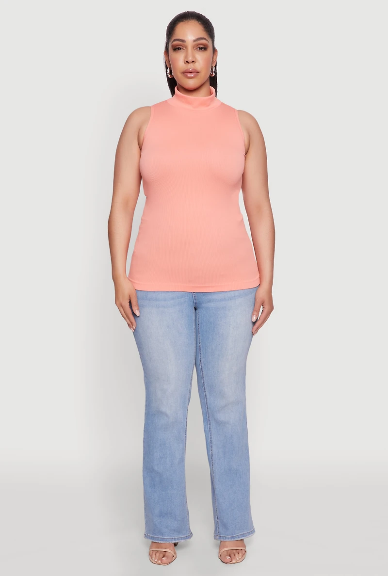 Womens Plus Size Seamless Mock Neck Rib Knit Tank Top, Orange, Size 1X-2X