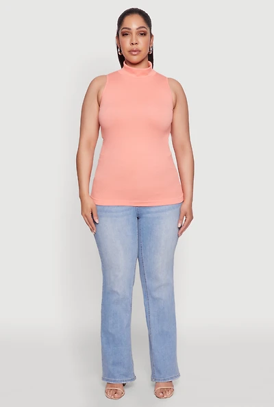 Womens Plus Size Seamless Mock Neck Rib Knit Tank Top, Orange, Size 1X-2X