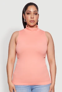 Womens Plus Size Seamless Mock Neck Rib Knit Tank Top, Orange, Size 1X-2X