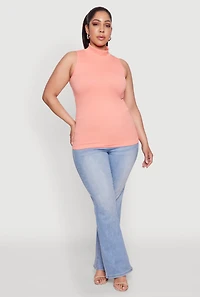 Womens Plus Size Seamless Mock Neck Rib Knit Tank Top, Orange, Size 1X-2X