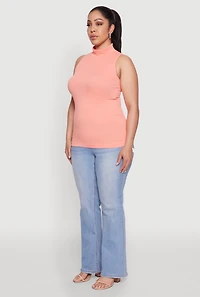 Womens Plus Seamless Mock Neck Rib Knit Tank Top, Orange,