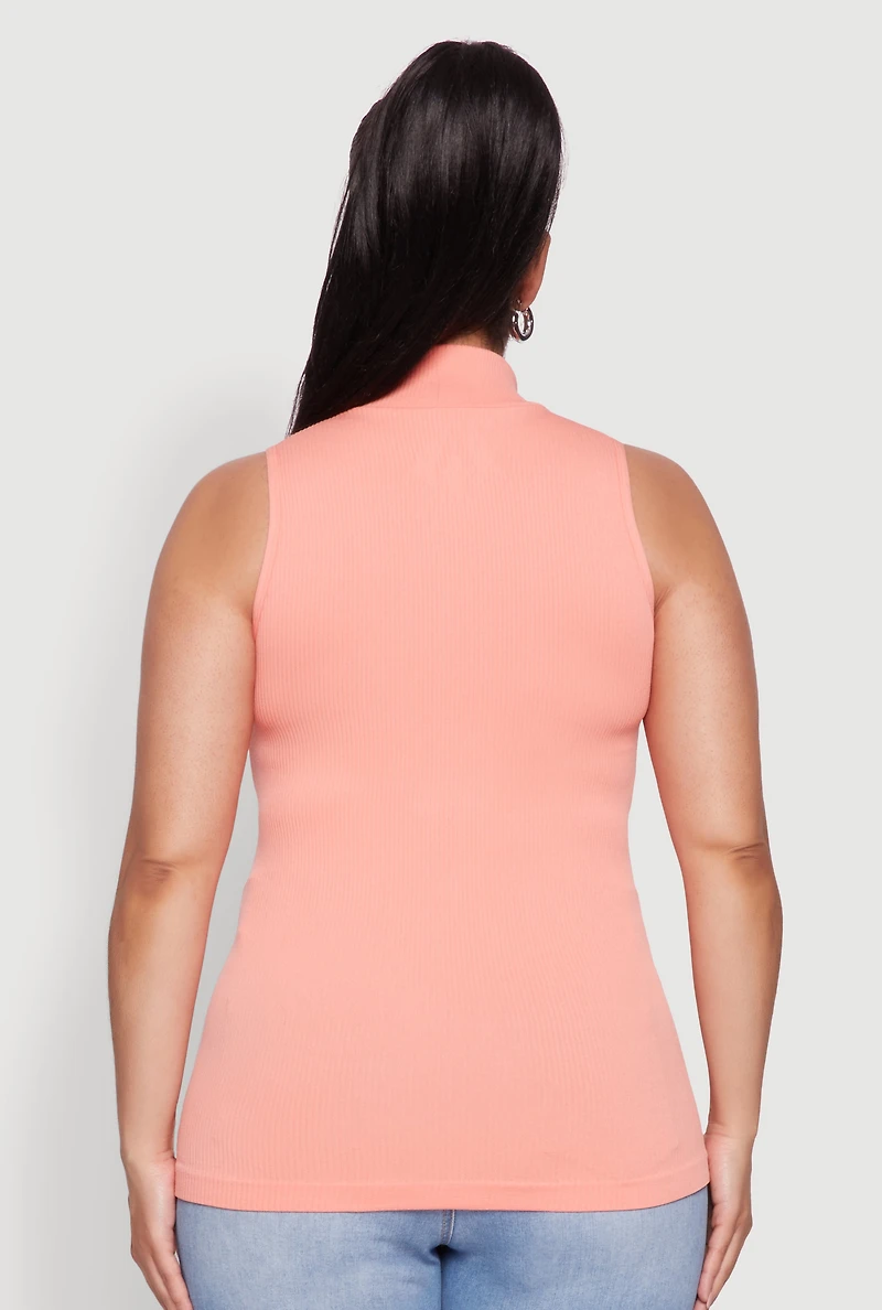 Womens Plus Size Seamless Mock Neck Rib Knit Tank Top, Orange, Size 1X-2X