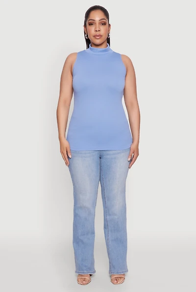 Womens Plus Size Seamless Mock Neck Rib Knit Tank Top, Blue, Size 1X-2X
