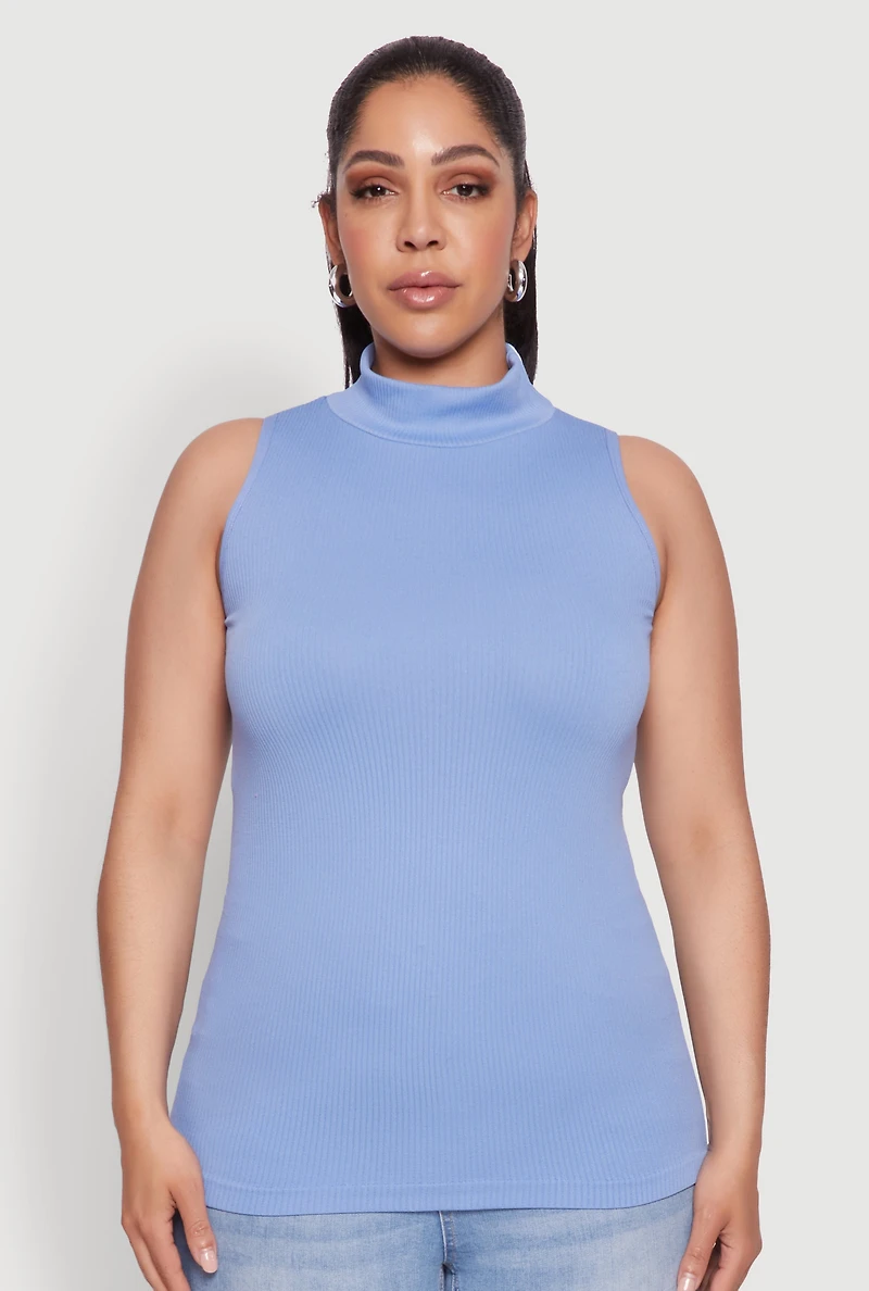 Womens Plus Size Seamless Mock Neck Rib Knit Tank Top, Blue, Size 1X-2X