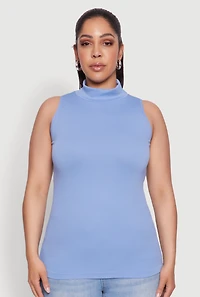 Womens Plus Size Seamless Mock Neck Rib Knit Tank Top, Blue, Size 1X-2X