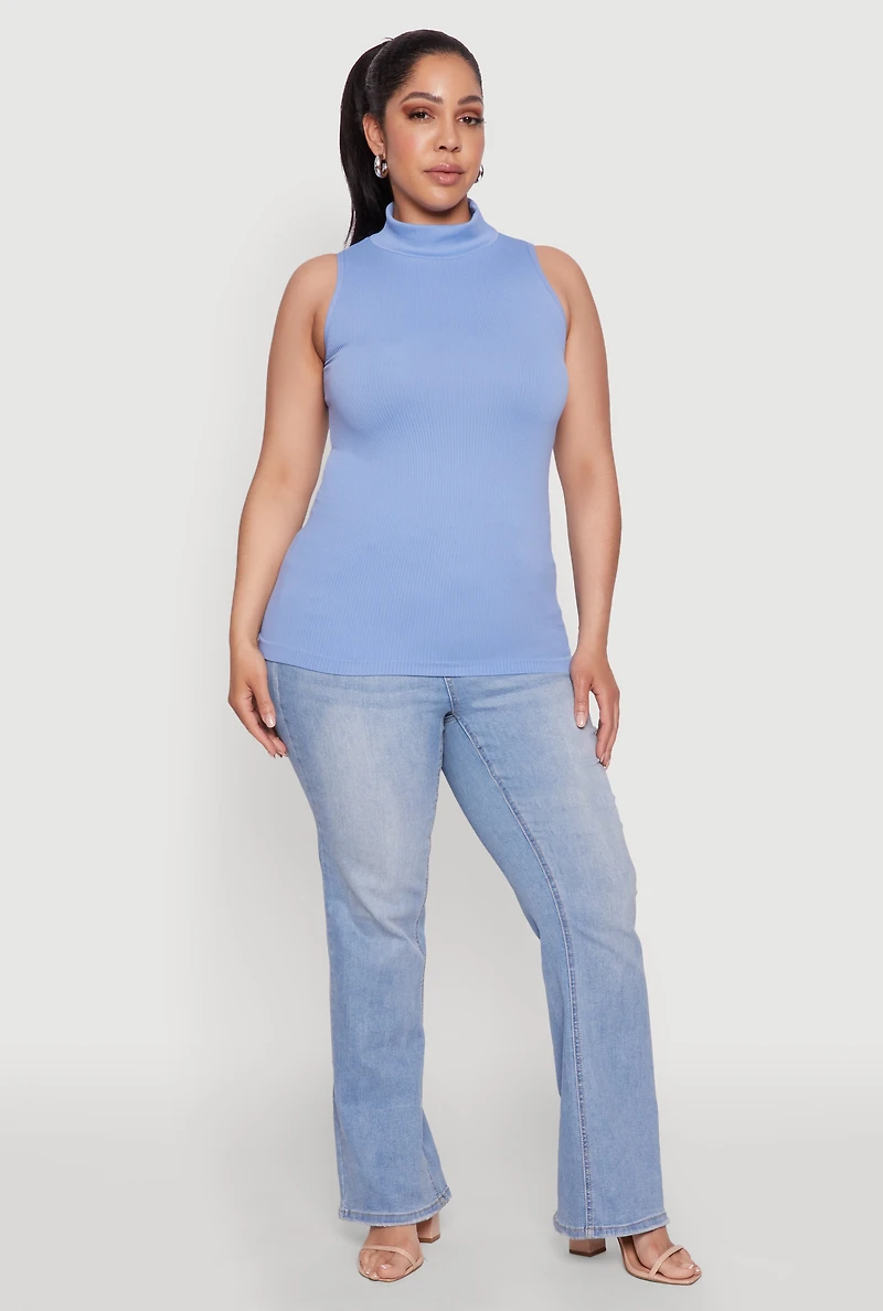 Womens Plus Size Seamless Mock Neck Rib Knit Tank Top, Blue, Size 1X-2X