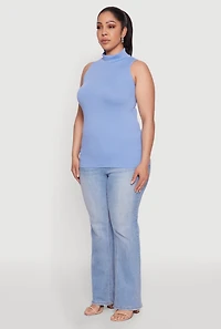 Womens Plus Size Seamless Mock Neck Rib Knit Tank Top, Blue, Size 1X-2X