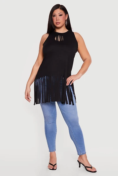 Plus Sleeveless Laser Cut Fringe Hem Tunic Top