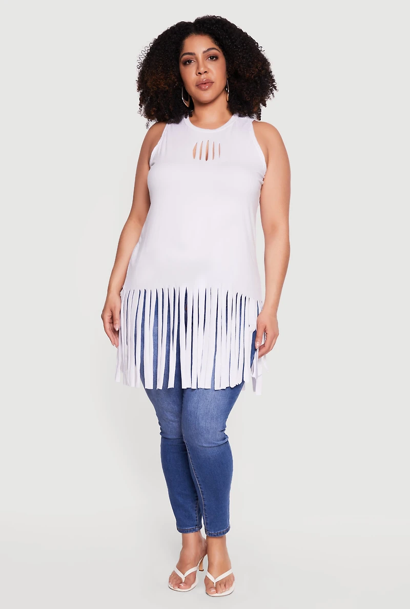 Plus Sleeveless Laser Cut Fringe Hem Tunic Top