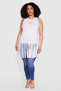 Plus Sleeveless Laser Cut Fringe Hem Tunic Top