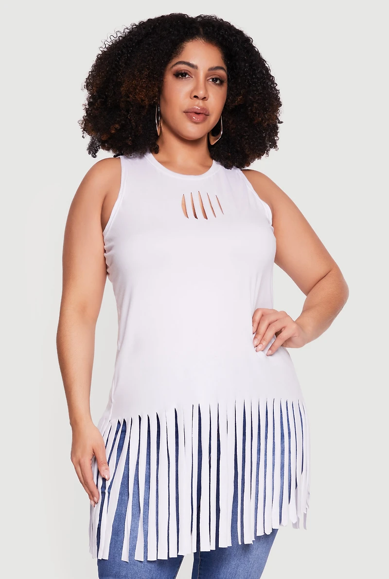 Plus Sleeveless Laser Cut Fringe Hem Tunic Top