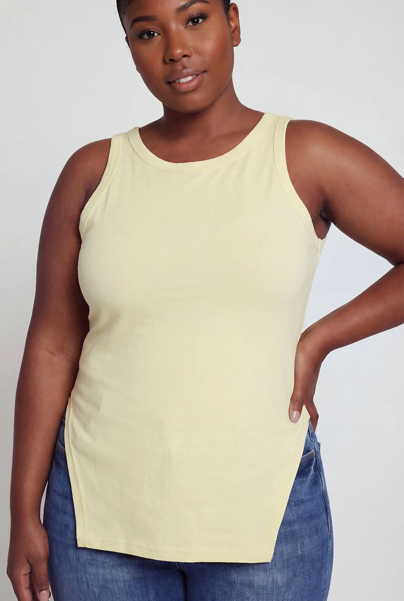 Plus Solid Tunic Tank Top with Side Slit
