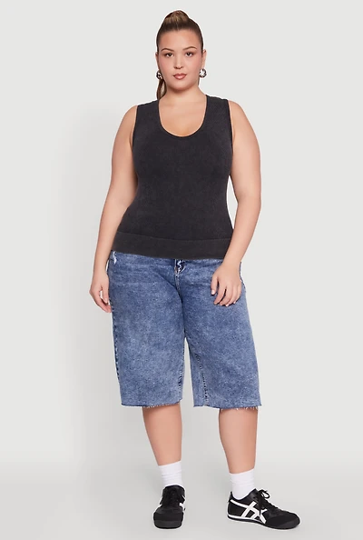 Womens Plus Seamless Mineral Wash V Neck Tank Top, Grey,