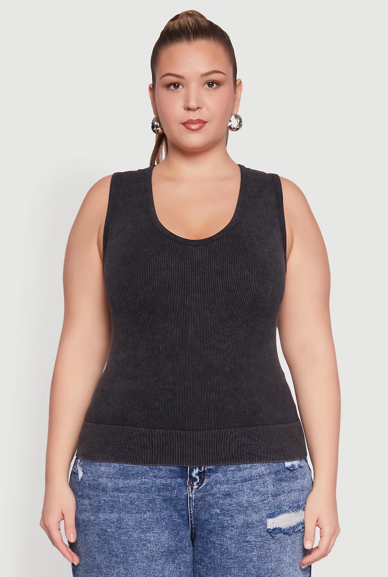 Womens Plus Size Seamless Mineral Wash V Neck Tank Top, Grey, Size 3X-4X