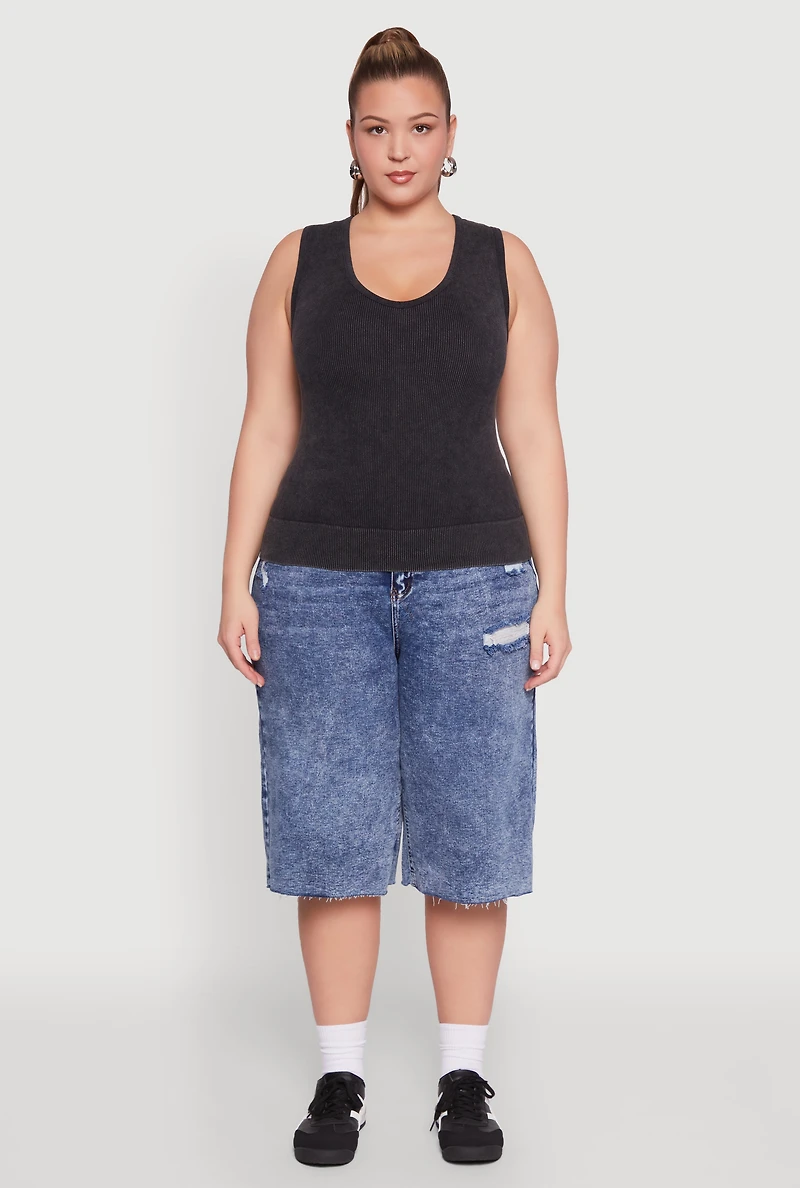 Womens Plus Seamless Mineral Wash V Neck Tank Top, Grey,