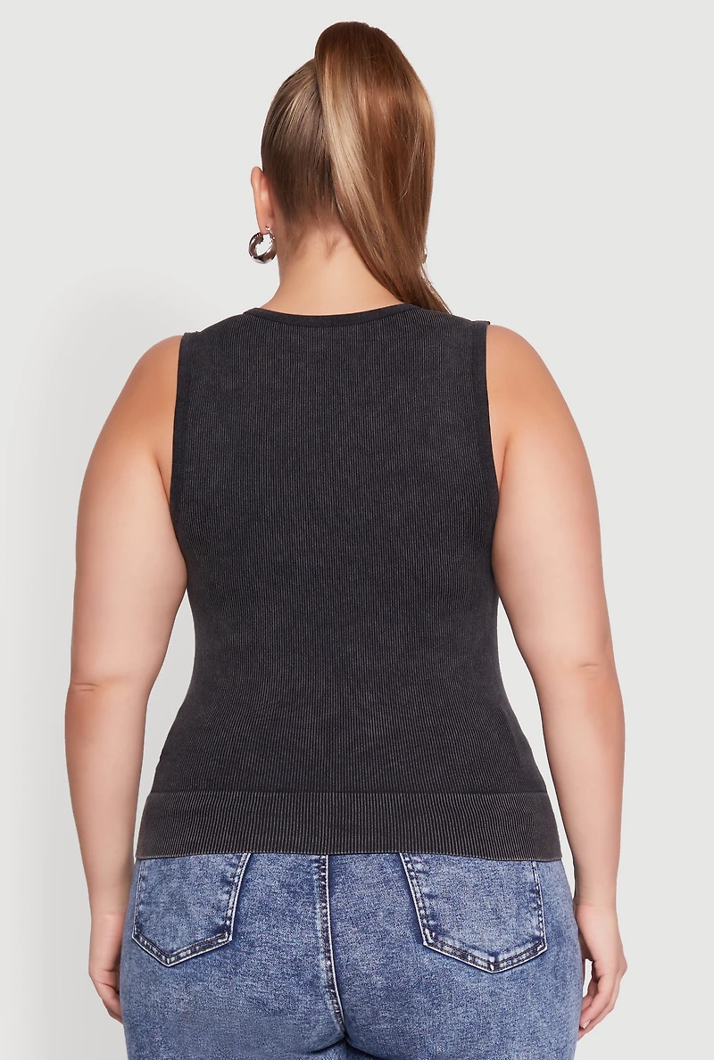 Womens Plus Seamless Mineral Wash V Neck Tank Top, Grey,