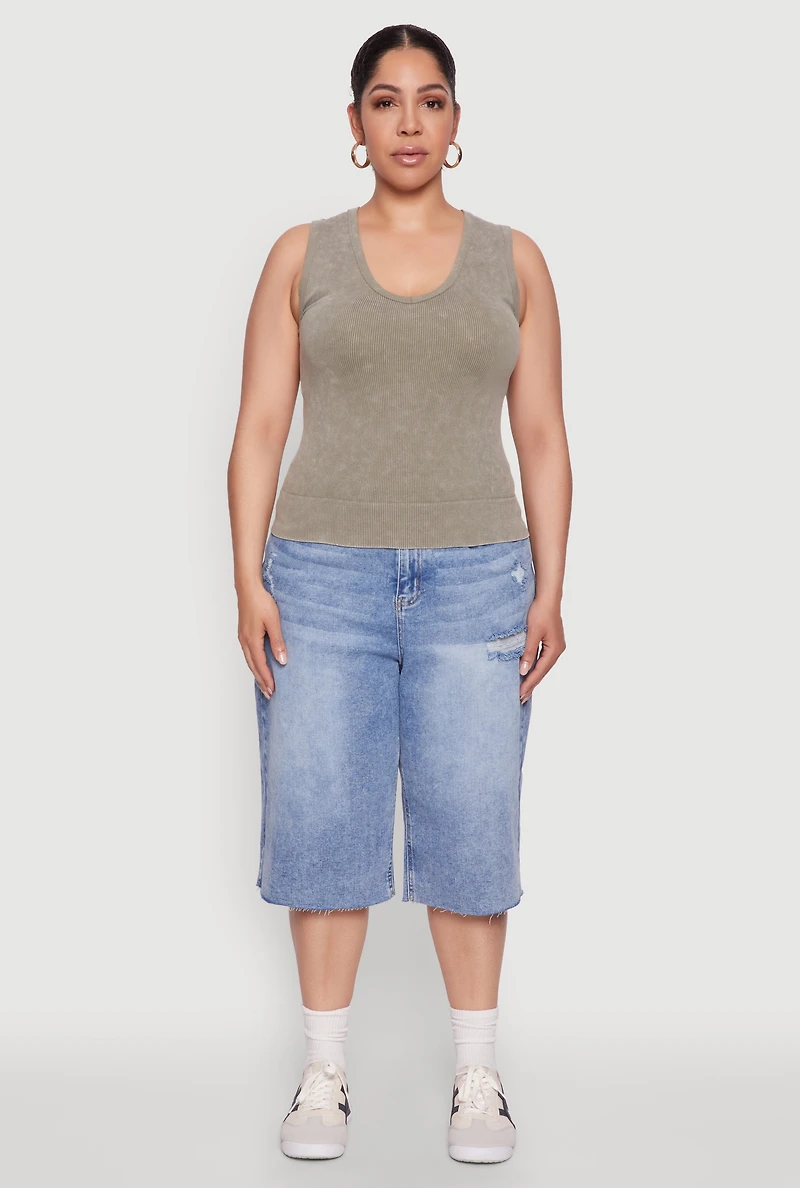 Womens Plus Seamless Mineral Wash V Neck Tank Top, 1X-2X