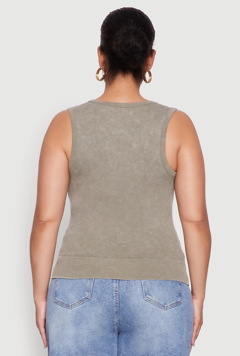 Womens Plus Size Seamless Mineral Wash V Neck Tank Top, Green, Size 1X-2X