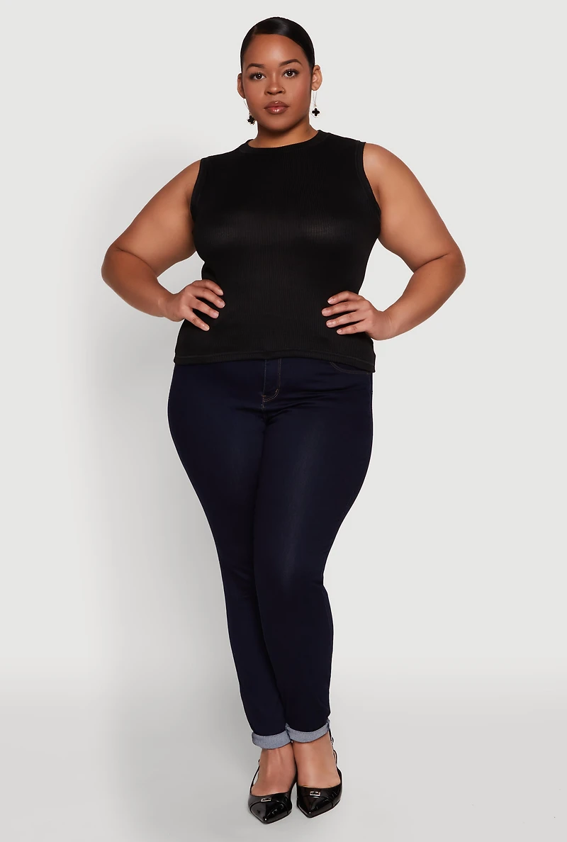 Womens Plus Rib Knit Crew Neck Tank Top,