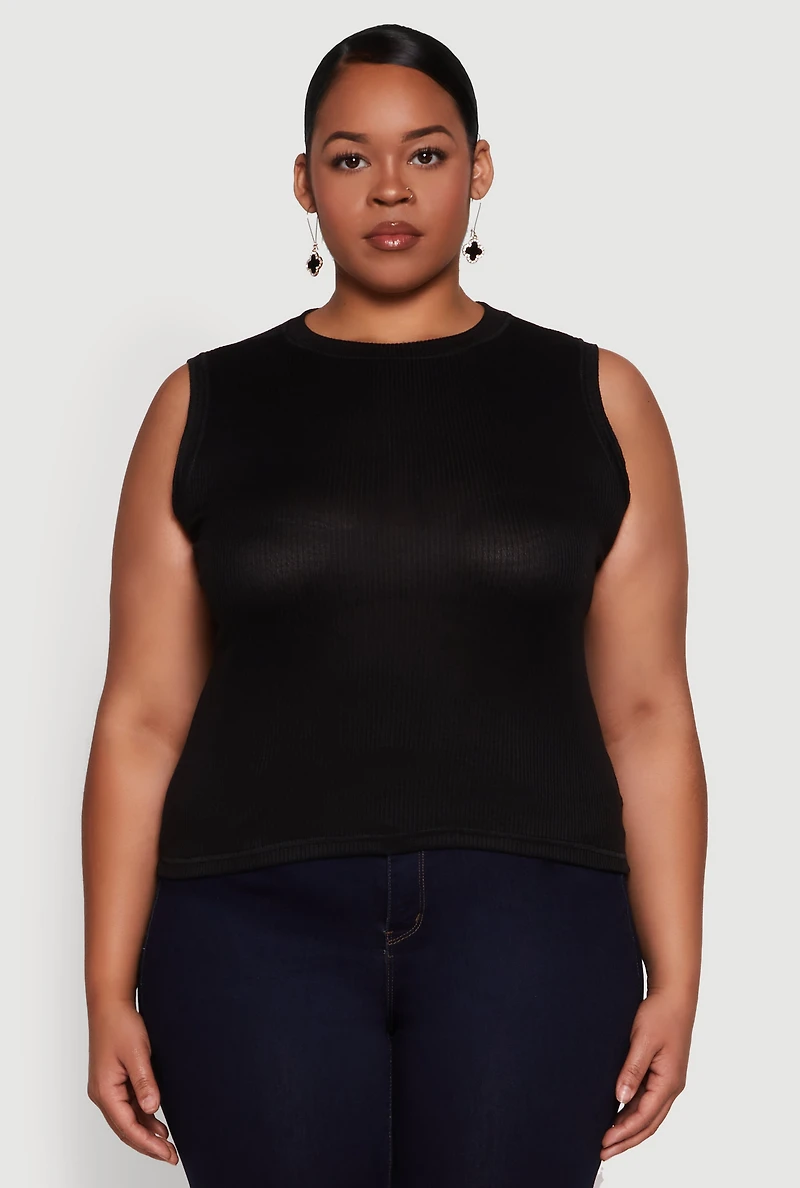 Womens Plus Rib Knit Crew Neck Tank Top, 3X