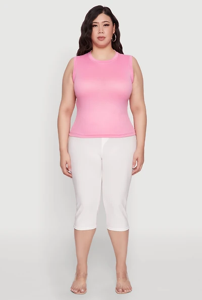 Womens Plus Size Rib Knit Crew Neck Tank Top, Pink, Size 2X
