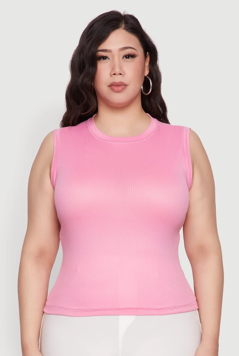 Womens Plus Size Rib Knit Crew Neck Tank Top, Pink, Size 3X
