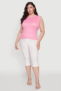 Womens Plus Size Rib Knit Crew Neck Tank Top, Pink, Size 2X