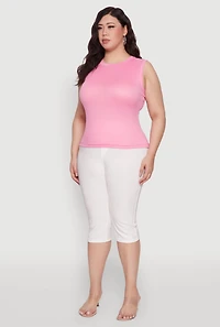 Womens Plus Size Rib Knit Crew Neck Tank Top, Pink, Size 2X