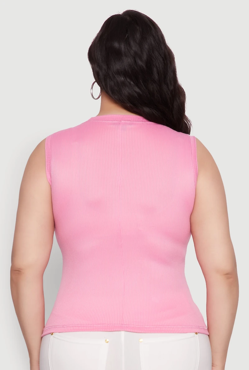 Womens Plus Size Rib Knit Crew Neck Tank Top, Pink, Size 3X
