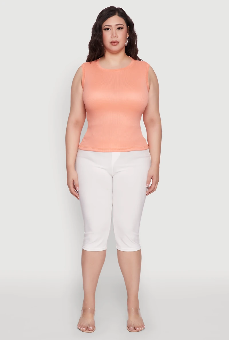 Womens Plus Rib Knit Crew Neck Tank Top,
