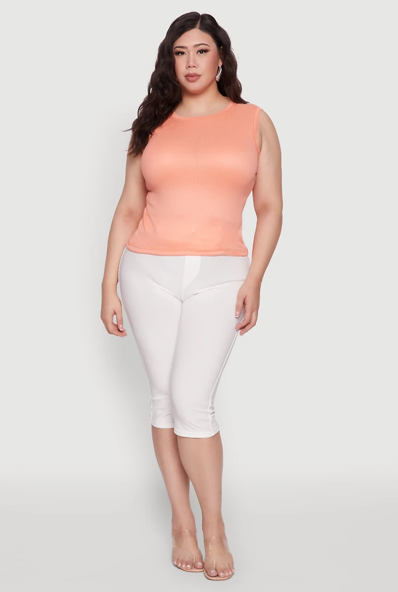 Womens Plus Rib Knit Crew Neck Tank Top,