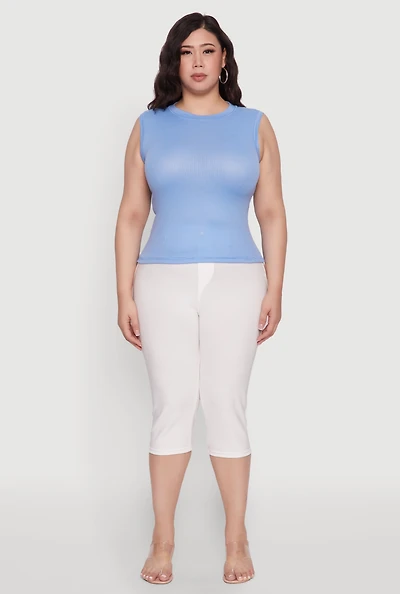 Womens Plus Rib Knit Crew Neck Tank Top,