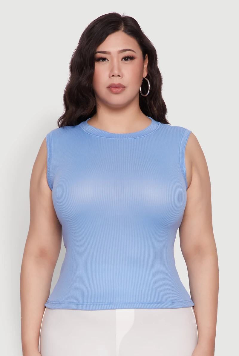 Womens Plus Rib Knit Crew Neck Tank Top, 4X