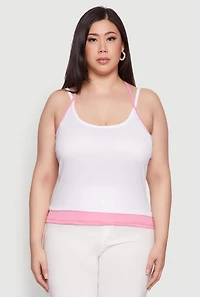 Womens Plus Size Contrast Trim Halter Cami, White, Size 1X