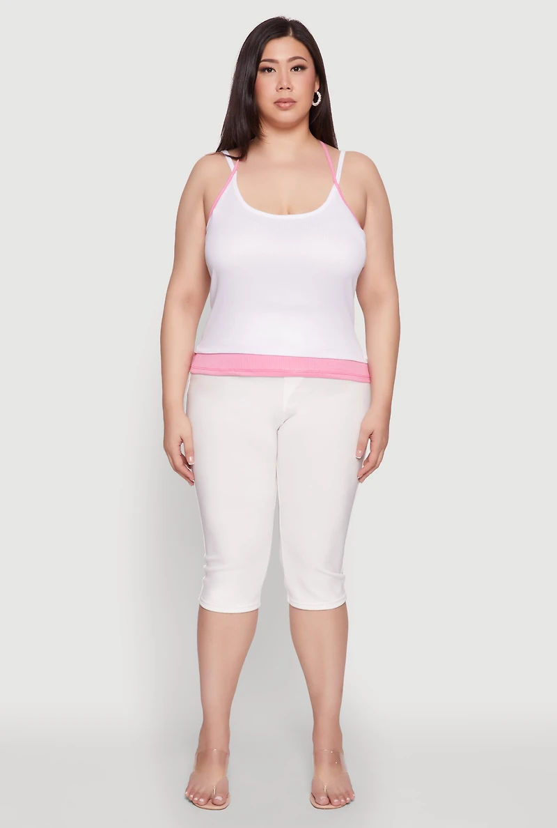 Womens Plus Size Contrast Trim Halter Cami, White, Size 1X