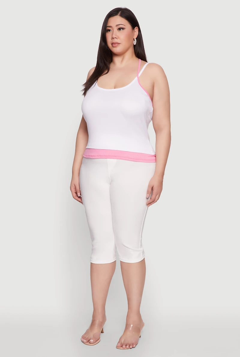 Womens Plus Size Contrast Trim Halter Cami, White, Size 1X