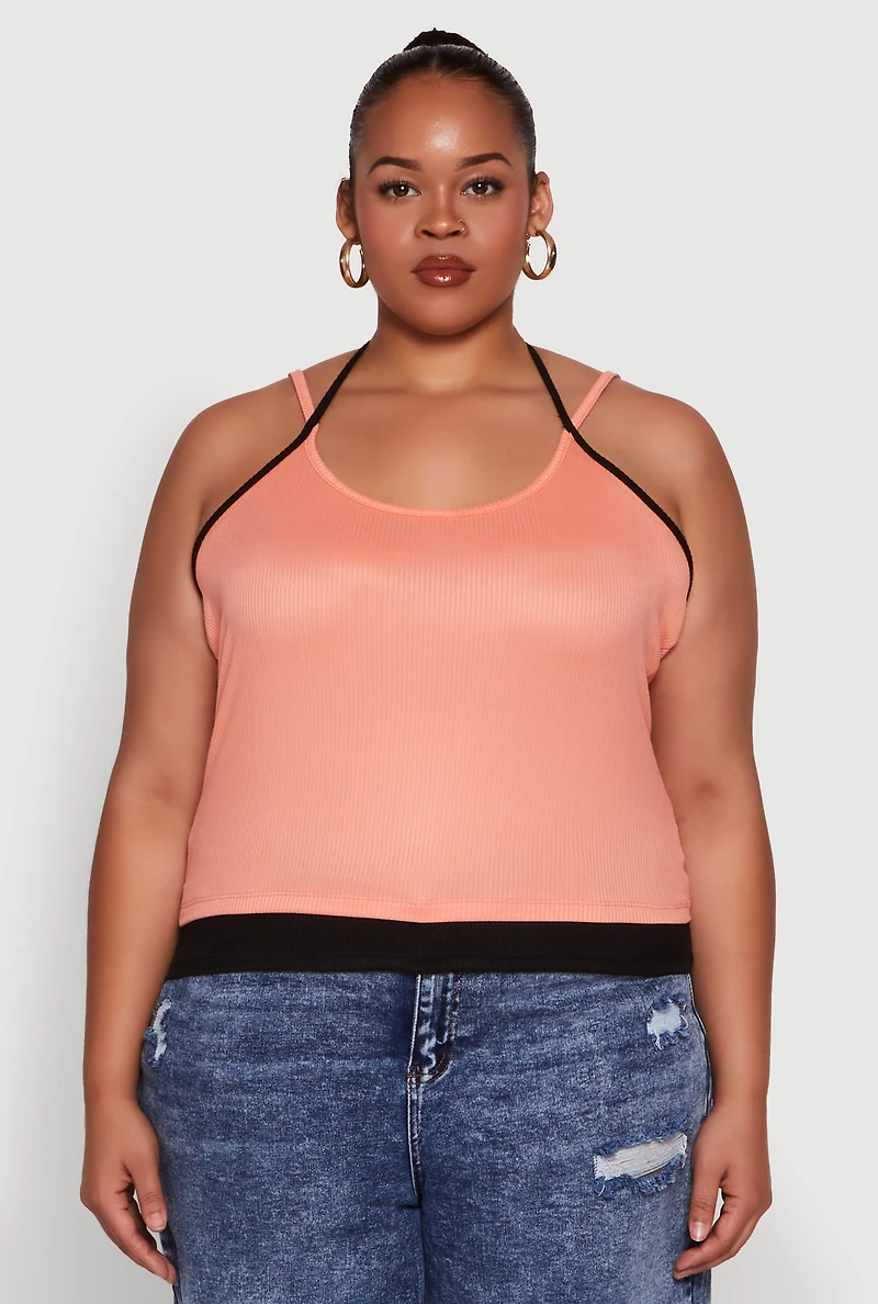Womens Plus Contrast Trim Halter Cami,