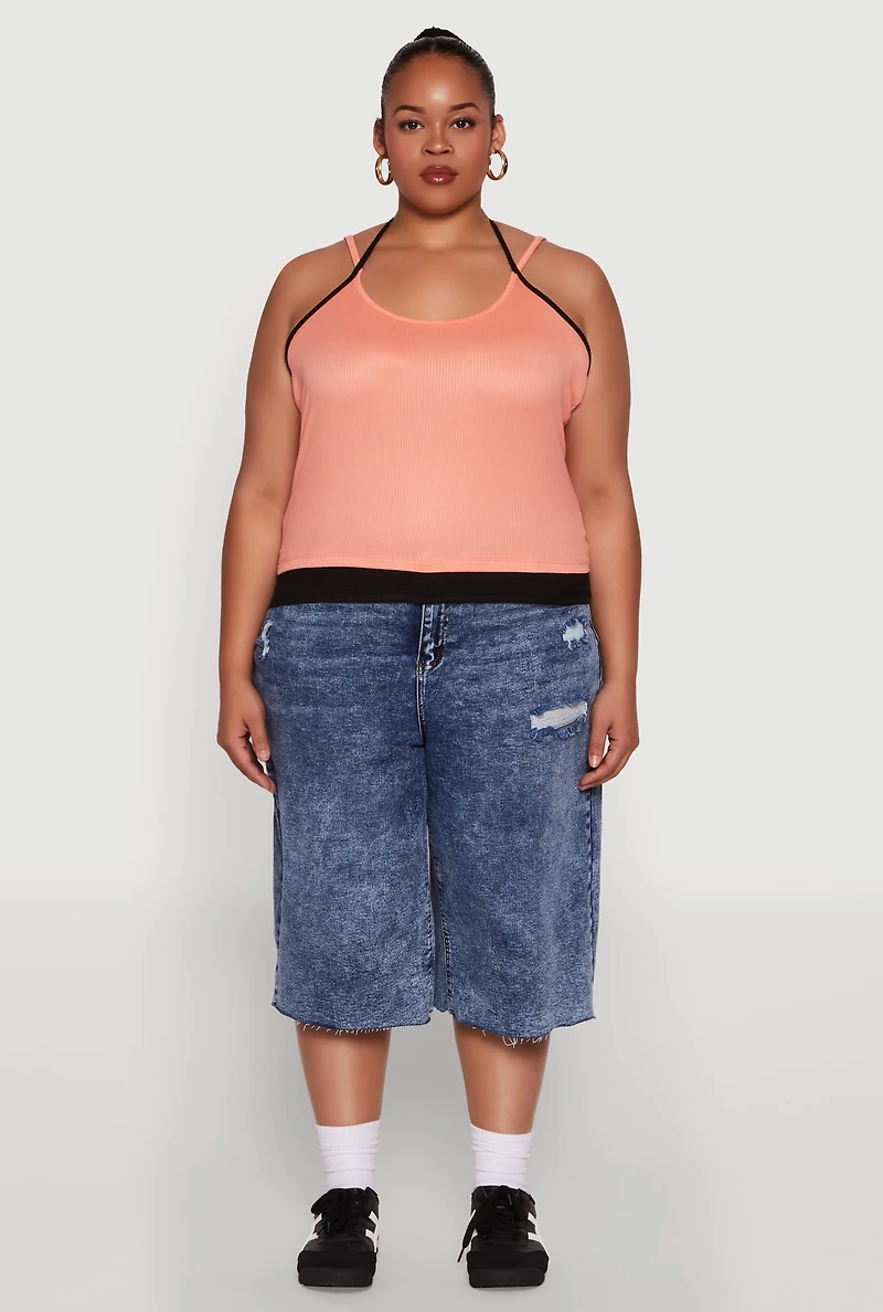 Womens Plus Contrast Trim Halter Cami,