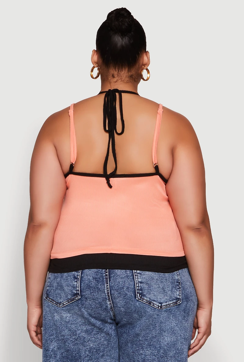 Womens Plus Contrast Trim Halter Cami,