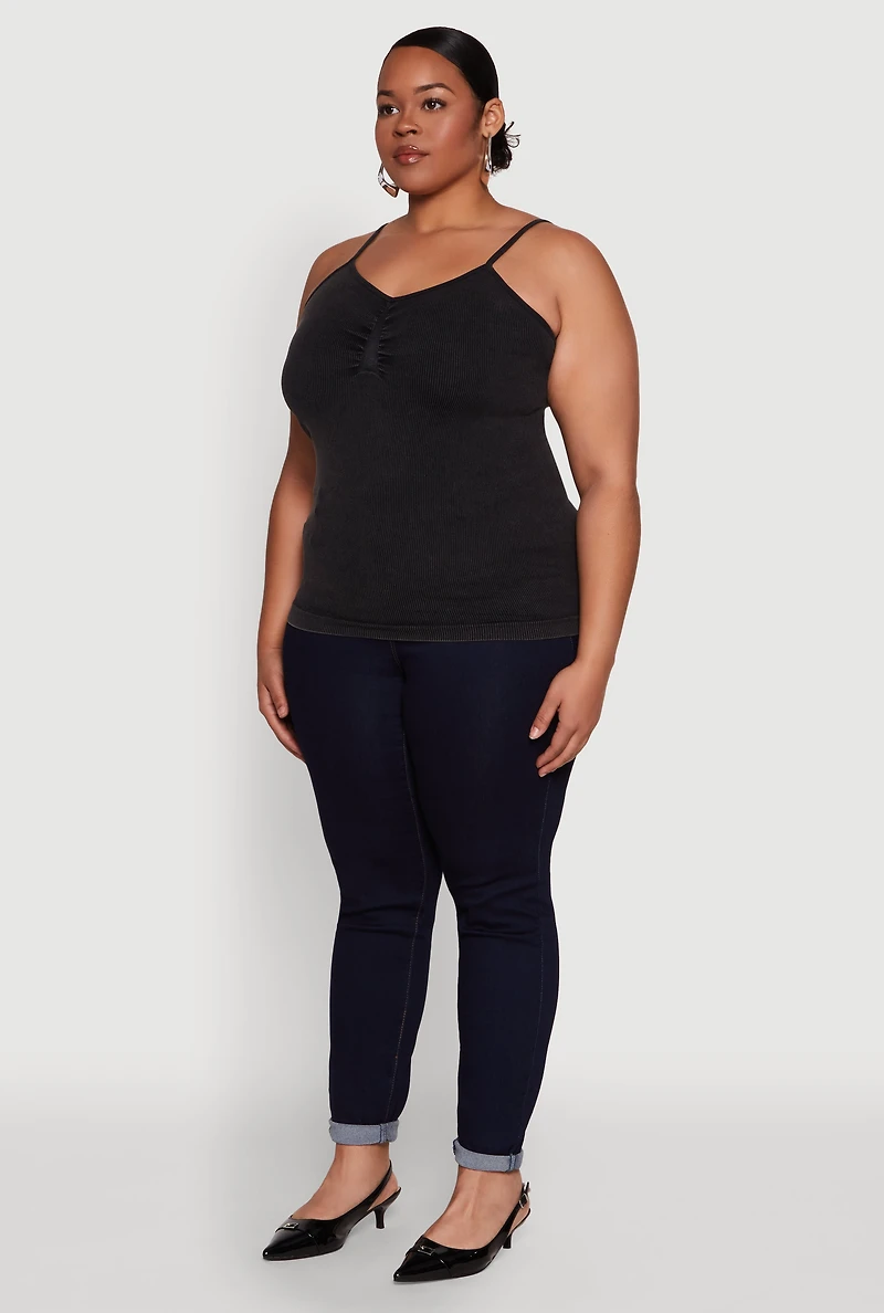 Womens Plus Ribbed Knit Seamless Mineral Wash Cami, 1X-2X