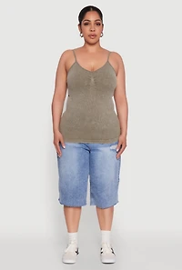 Womens Plus Ribbed Knit Seamless Mineral Wash Cami, Green,