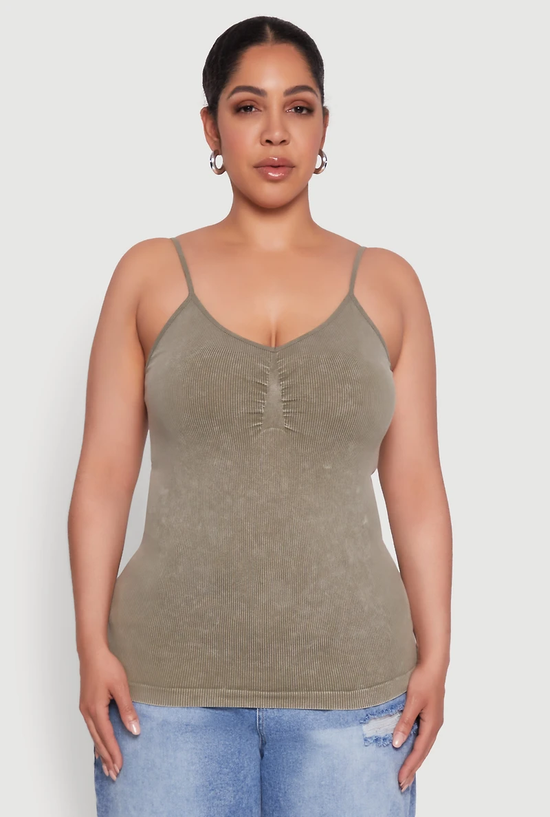 Womens Plus Ribbed Knit Seamless Mineral Wash Cami, Green,