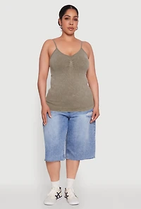 Womens Plus Ribbed Knit Seamless Mineral Wash Cami, Green,