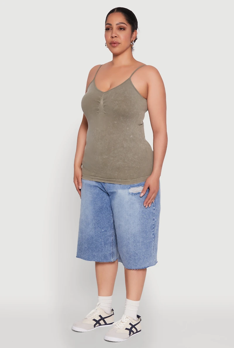 Womens Plus Ribbed Knit Seamless Mineral Wash Cami, Green,