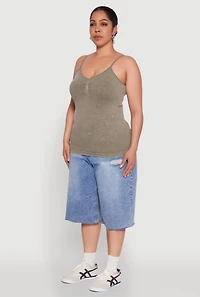 Womens Plus Ribbed Knit Seamless Mineral Wash Cami, Green,