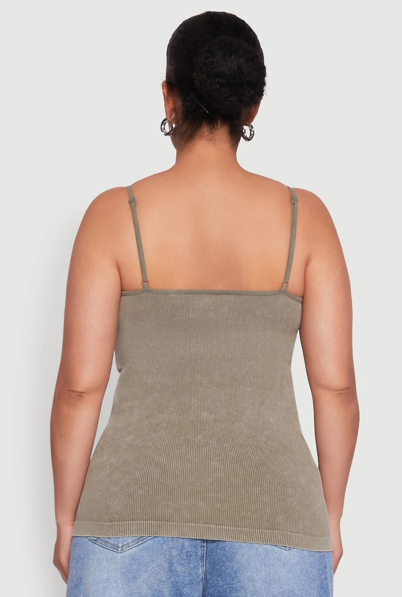 Womens Plus Ribbed Knit Seamless Mineral Wash Cami, Green,