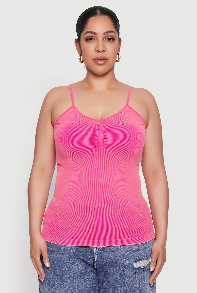 Womens Plus Size Ribbed Knit Seamless Mineral Wash Cami, Pink, Size 3X-4X