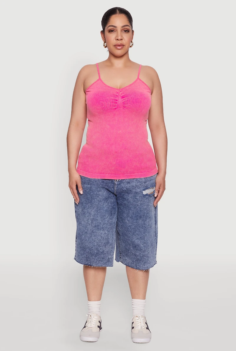 Womens Plus Size Ribbed Knit Seamless Mineral Wash Cami, Pink, Size 3X-4X