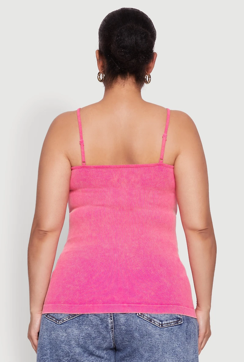 Womens Plus Size Ribbed Knit Seamless Mineral Wash Cami, Pink, Size 3X-4X